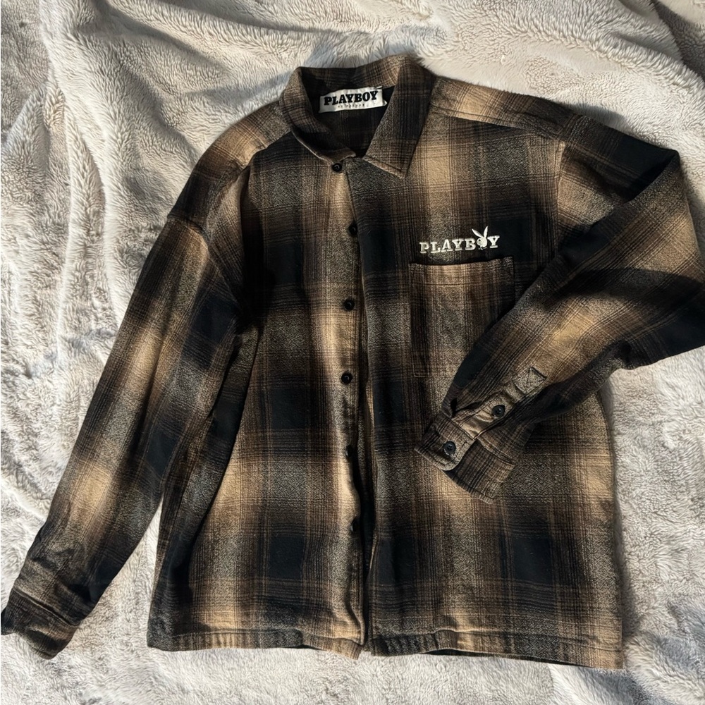 PLAYBOY Men's Plaid Shirt Jacket - Black and Tan